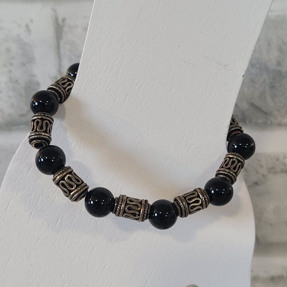 Obsidian Bead Boho Bracelet Silver Tone Shepard Hook Closure Boutique Handmade